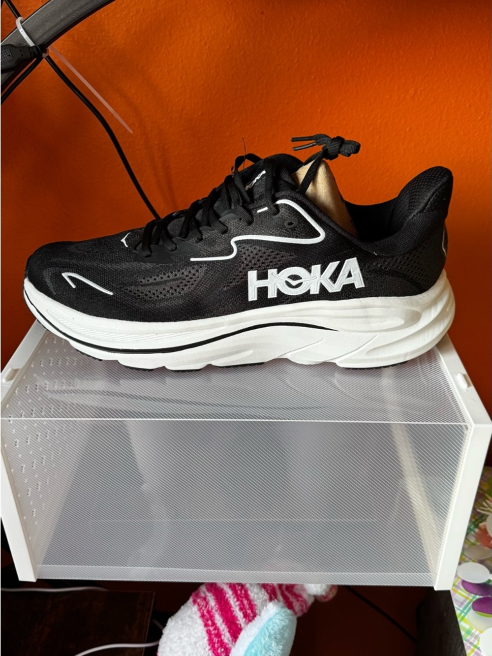 Hoka Black and White Athletic Running Shoe